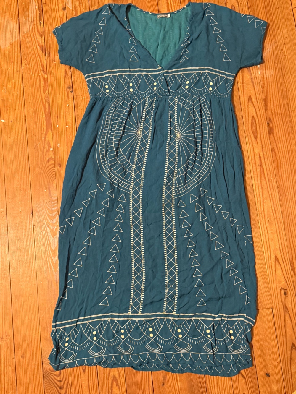 EARTHBOUND Teal Maxi Dress with White Geometric Embroidery